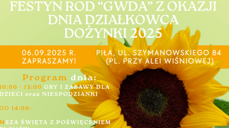 zaproszenie na dzień działkowca dożynki 2025 w tle słonecznik