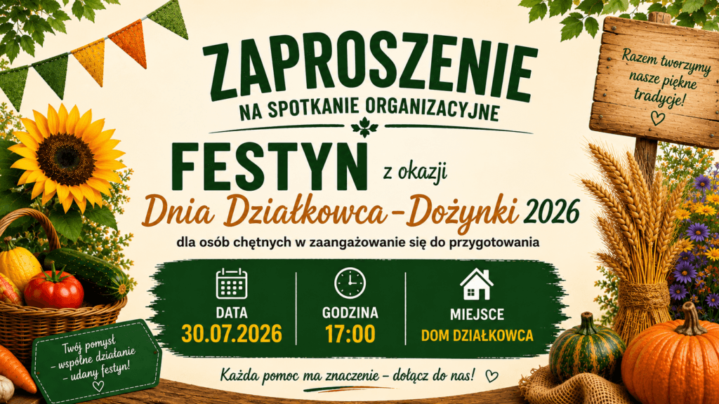 Kolorowy plakat zapraszający na spotkanie organizacyjne festynu Dnia Działkowca i Dożynek 2026 w ROD Gwda Piła, z warzywami, słonecznikiem i datą 30.07.2026.